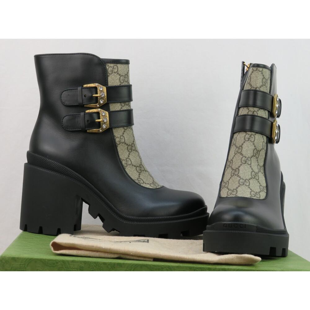 GUCCI SUPREME KENSINNGTON LEATHER LOGO MONOGRAM CRYSTALS BUCKLE SHORT BOOTS 39.5 - Picture 10 of 12